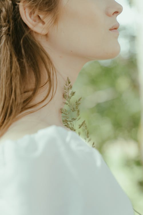 Free Woman in White Shirt Holding a Leaf Stock Photo