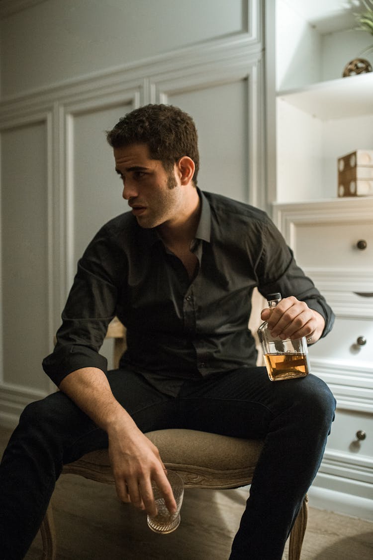 Sad Handsome Man Drinking Alcohol