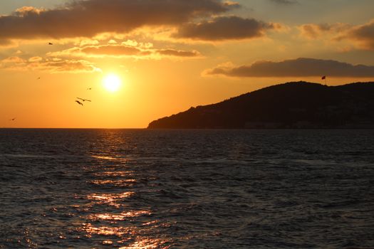 Golden sunset over İstanbul sea, birds flying with silhouetted hills in the distance.