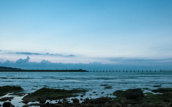 Serene seaside view of Qingdao's coastline at dusk, showcasing mossy rocks and calm waters.
