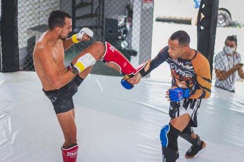 Free Two martial artists sparring in an indoor cage, showcasing dynamic fighting skills and athleticism. Stock Photo
