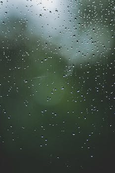 Close-up of raindrops on a window with blurred green nature background.