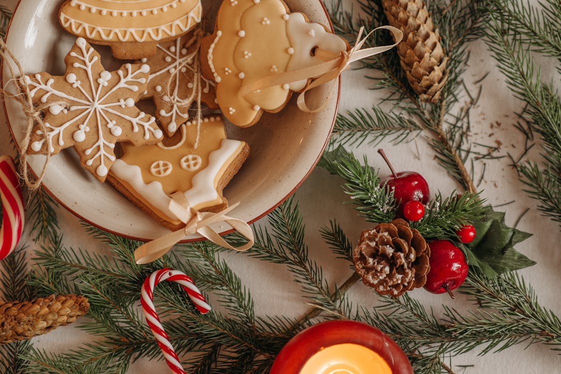 Free Christmas Cookies And Decorations In Close Up View Stock Photo