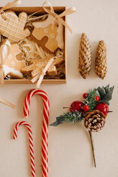 圣诞饼干、手杖糖果和装饰品的顶视图，置于舒适的假日环境中