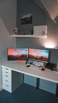 Sleek and modern dual-monitor workspace setup with minimalist design and organized layout.