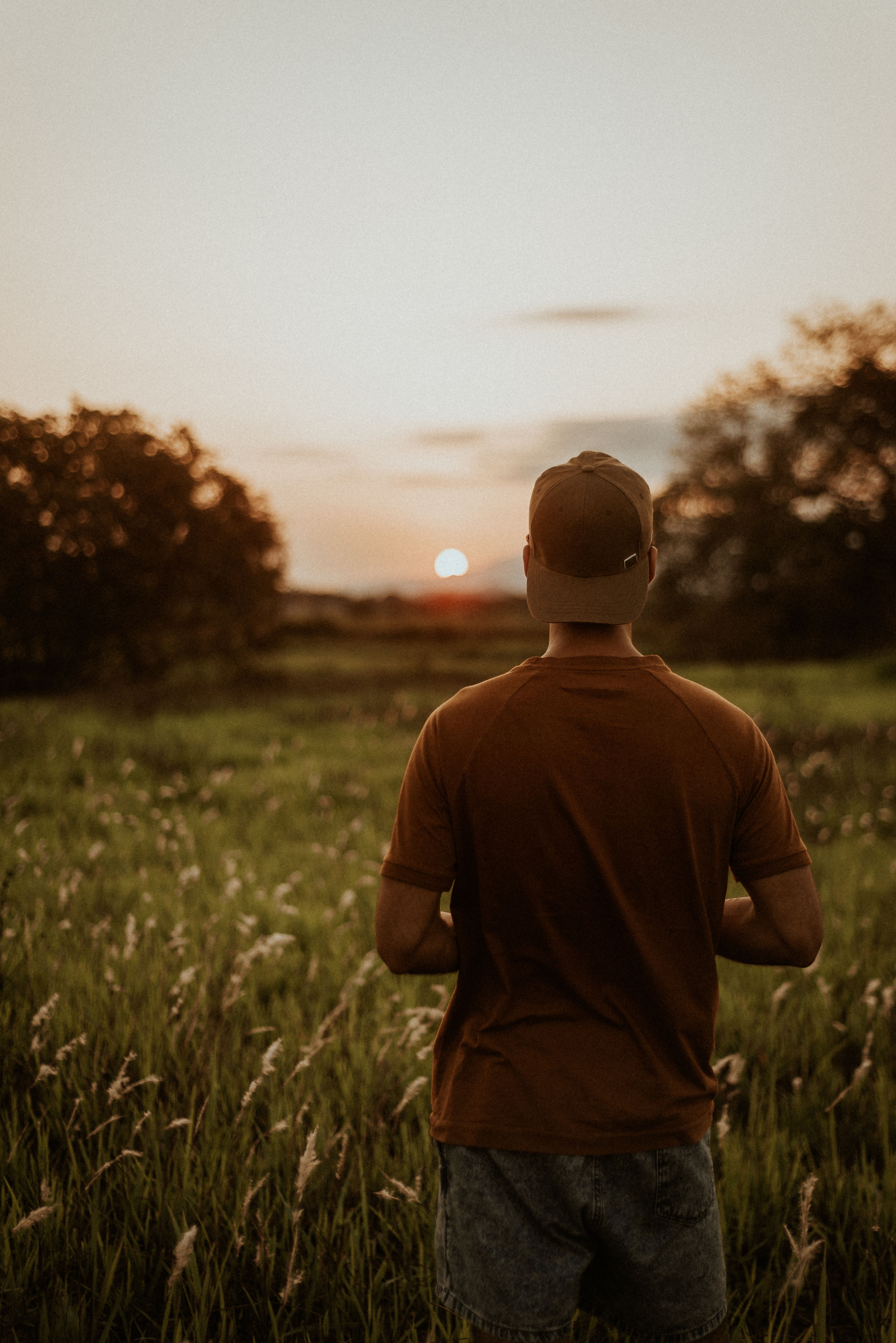 一名男子站在田野里，望着宁静的日落，四周绿树环绕