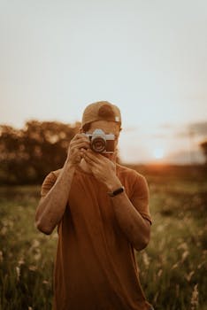 A young man captures a sunset with a camera in a meadow, creating a serene and classic moment.