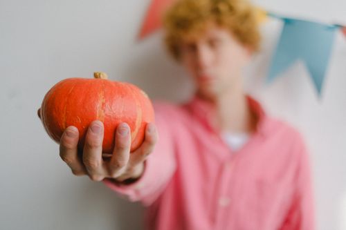 Free A close-up of a person holding a vibrant orange pumpkin against a festive backdrop. Stock Photo
