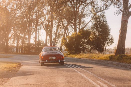 Classic vintage car driving along a sunlit road with trees lining the path, creating a serene travel scene.