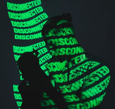 一名男子站在阴影中，投射出“断线”字样，勾勒出科技主题的轮廓