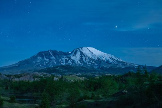 在宁静的星空下，白雪皑皑的山峰被郁郁葱葱的森林环绕