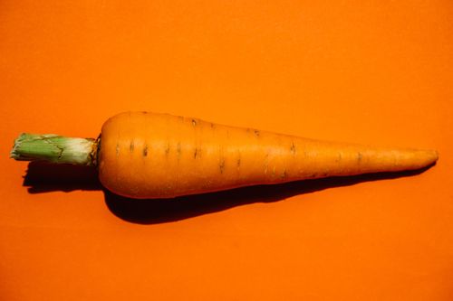 Free Single orange carrot on a vibrant orange background, captured from above. Stock Photo