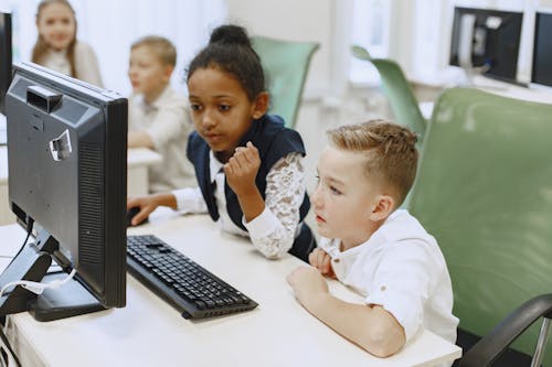 Free Children Studying on Computer at School Stock Photo