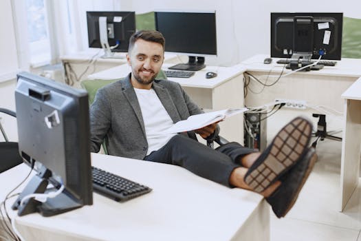 Businessman in casual office setting, relaxing at his desk with computers.