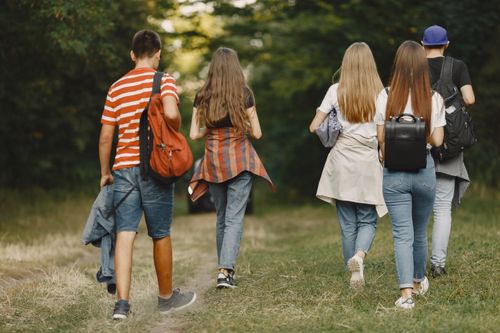 Free Five teenagers walking on a park path, enjoying a sunny day outdoors. Stock Photo