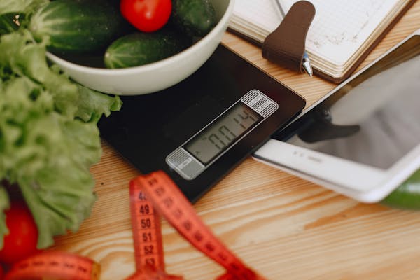 Healthy food on a digital kitchen scale