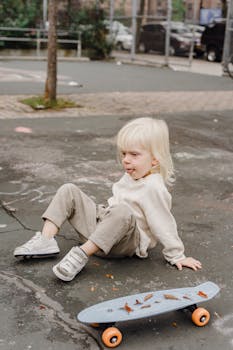 Little boy near skateboard on street