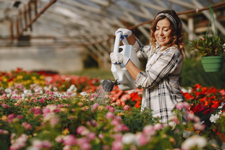 Woman Watering The Flowers