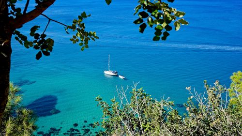 Free Yacht floating on blue rippling ocean near hill with trees and plants with green foliage in sunny summer day Stock Photo