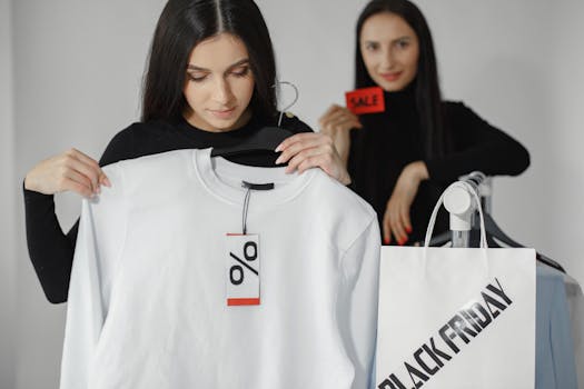 Two women enjoying Black Friday shopping with discounts and deals on clothes.
