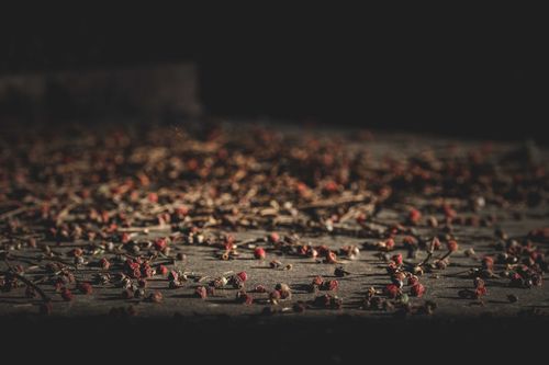 Free From above of heap of dry spices and herbs scattered on black table Stock Photo