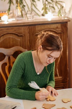 一名年轻女子穿着绿色毛衣，在充满节日装饰的室内装饰圣诞饼干