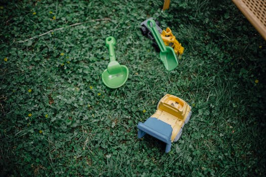 花园草地上，高角度绿草和色彩缤纷的塑料儿童玩具