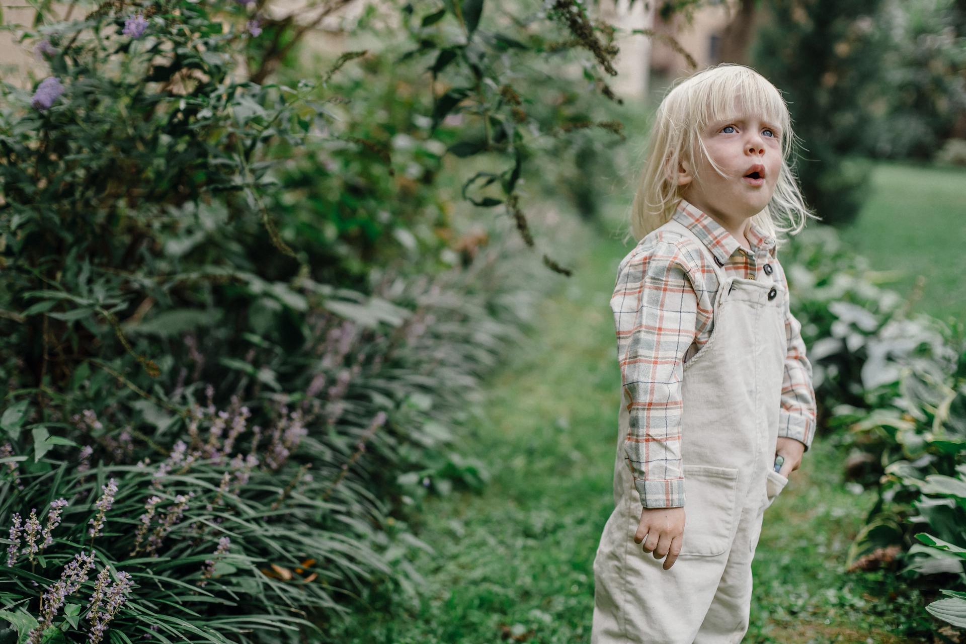 A child in a checkered shirt and overalls, gazing in wonder while exploring a lush garden outdoors.