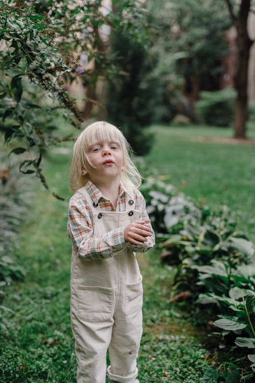 Cute little child with blond hair in casual clothes standing on green lawn and looking at camera while playing in garden