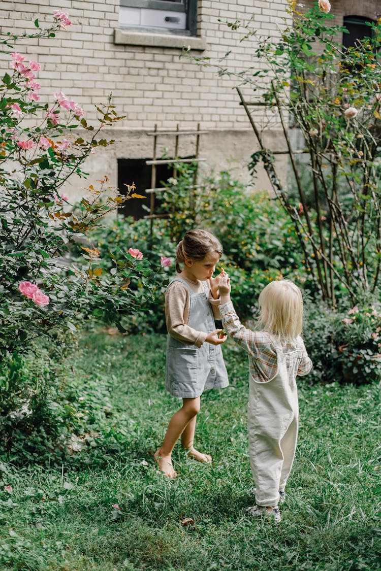 Adorable Children Eating Fruit In Green Garden