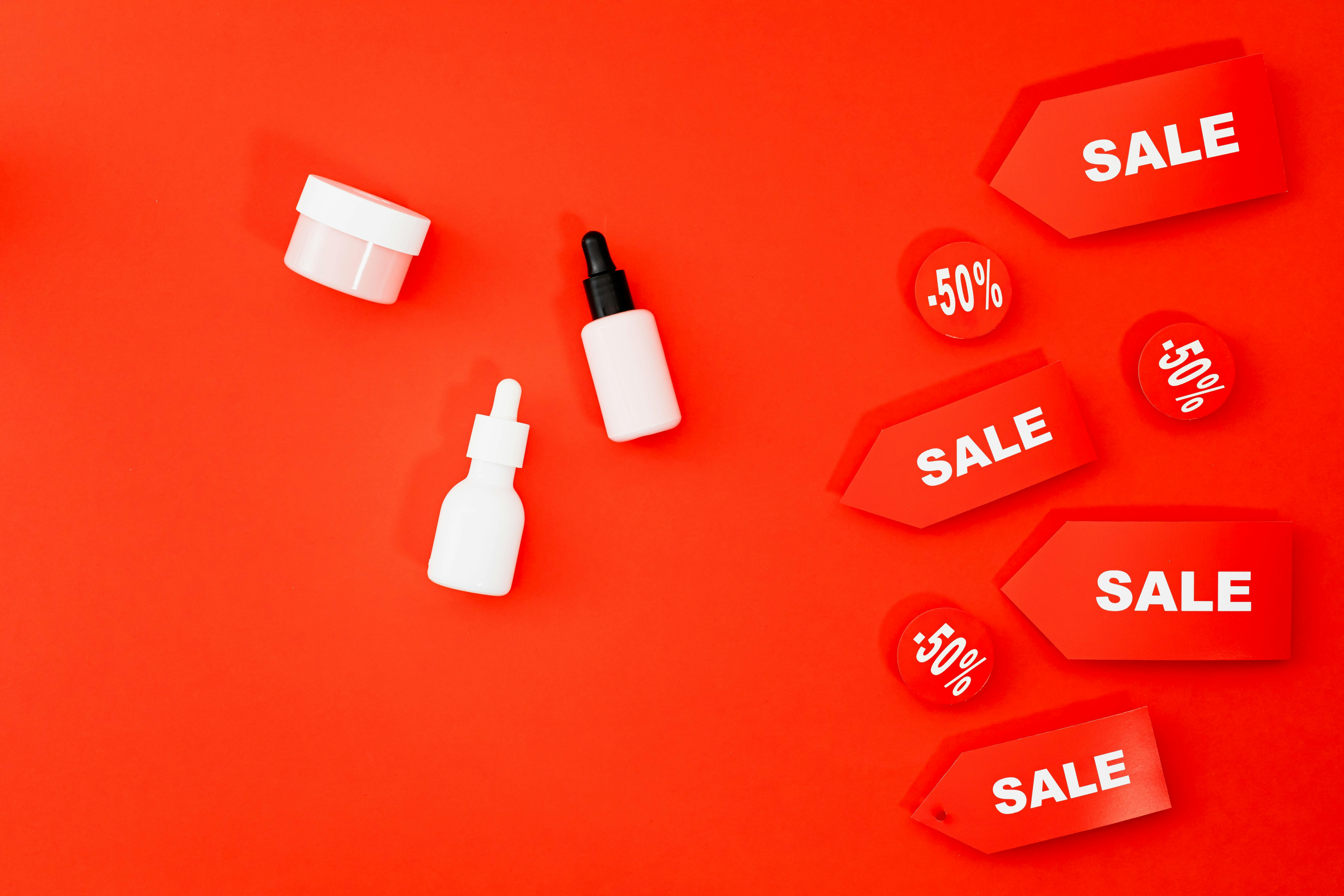healthcare products at sale on red background