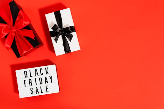 Gift boxes with bows on a red backdrop highlighting Black Friday sales.