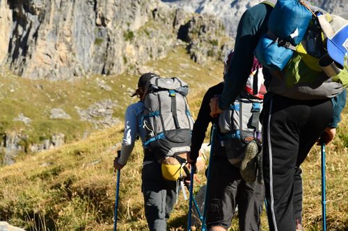 Free Adventurers on a scenic trek through the rugged mountains of Aragon, Spain. Stock Photo