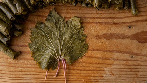 Pile of sarma near vine leaf on table