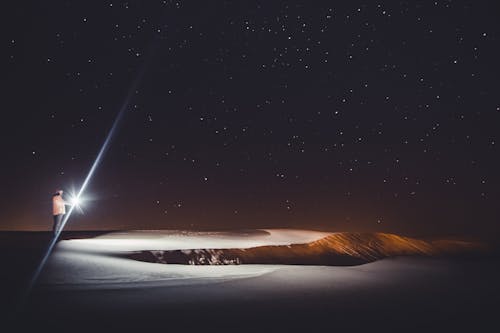 Free A Person with a Flashlight under a Starry Night Sky Stock Photo