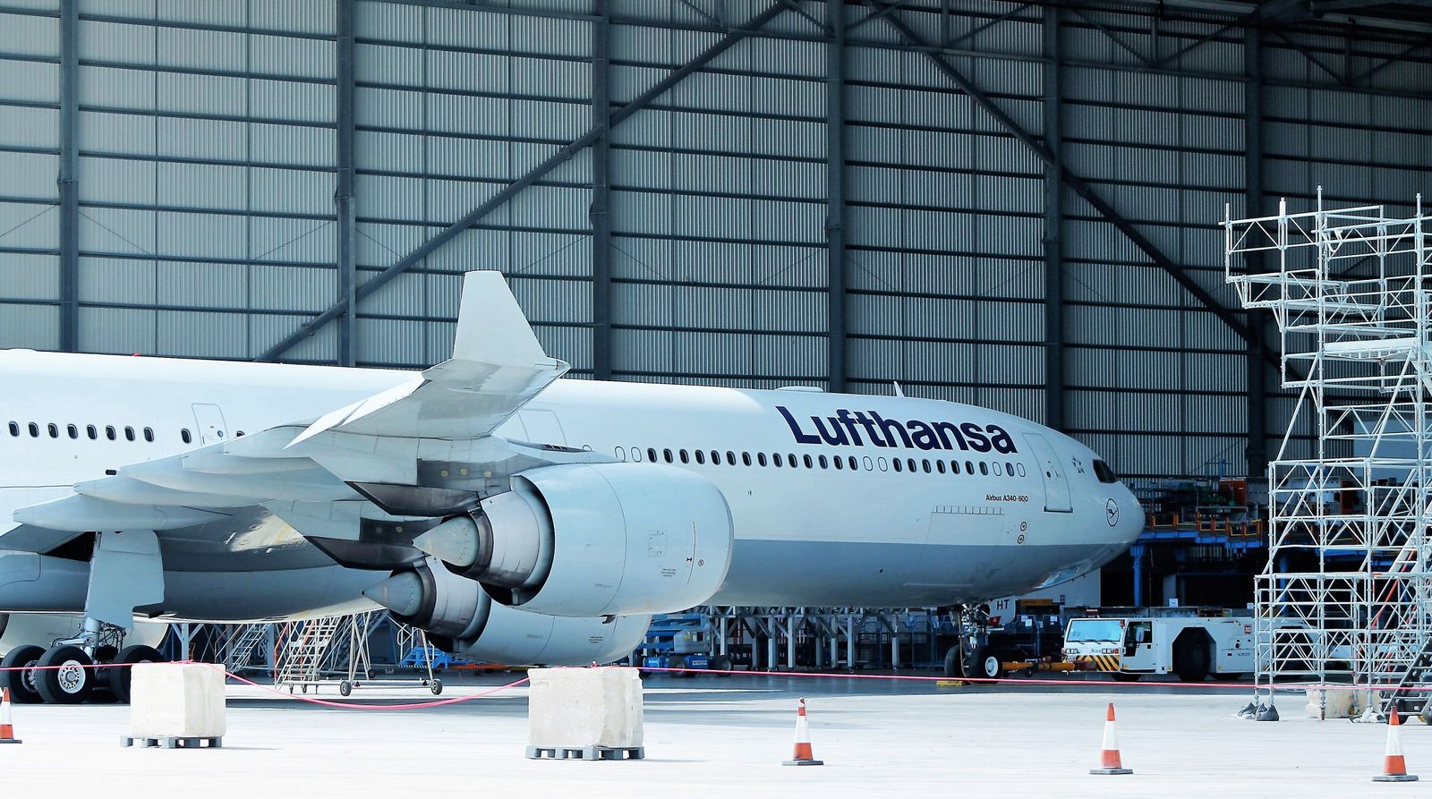 Lufthansa aircraft in a maintenance hangar