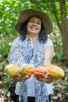 Smiling woman with curly hair holding vibrant cacao pods in a Colombian forest.