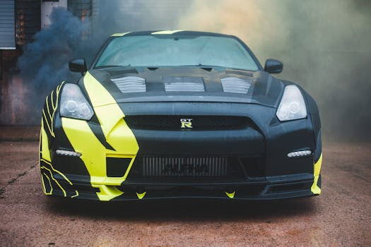 Sport automobile with stylish expressive design of body in front of colorful smoke bomb