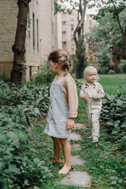 Full length adorable little kids wearing casual outfits strolling together on pathway in lush grassy backyard