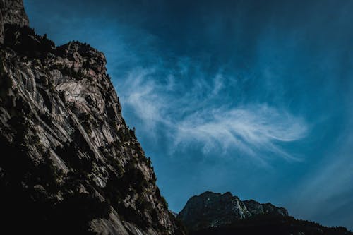 Rocky cliff against blue sky in valley