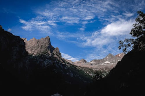 Scenery view of rough mountains with dry surface and growing trees under bright sky in summer