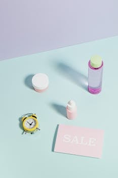 淡色背景上摆放着时尚扁平的美容产品、闹钟和销售卡