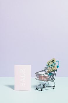 简约的购物车形象，带有金钱和销售标志，非常适合零售主题