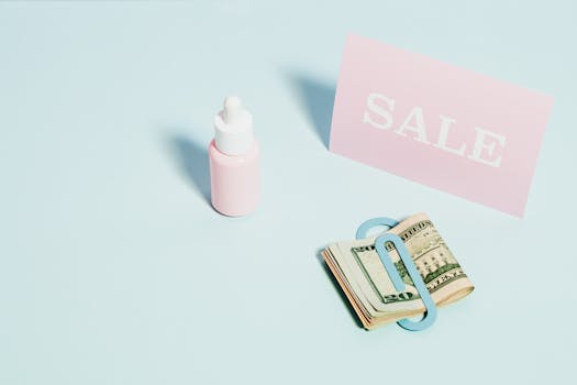 Aesthetic flat lay of a sale sign with US dollars and skincare product. Perfect for sales promotions.