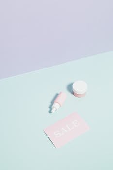 Minimalist layout showcasing beauty products with a sale card in pastel tones.