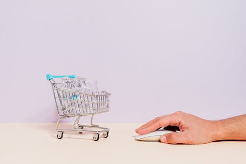 Free Person Holding White and Blue Shopping Cart Stock Photo