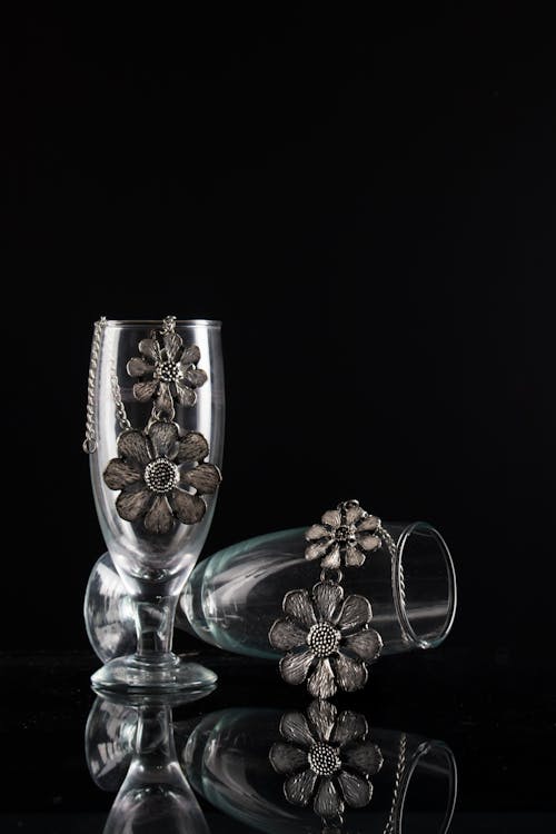 Free Grayscale Photo of Floral Drinking Glass Stock Photo