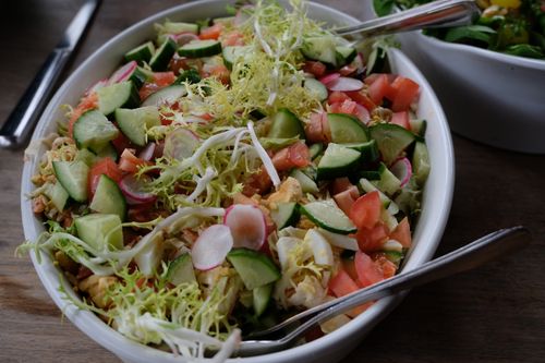 Free Delicious and healthy organic vegetable salad with radishes, cucumbers, and frisée in a white bowl. Stock Photo