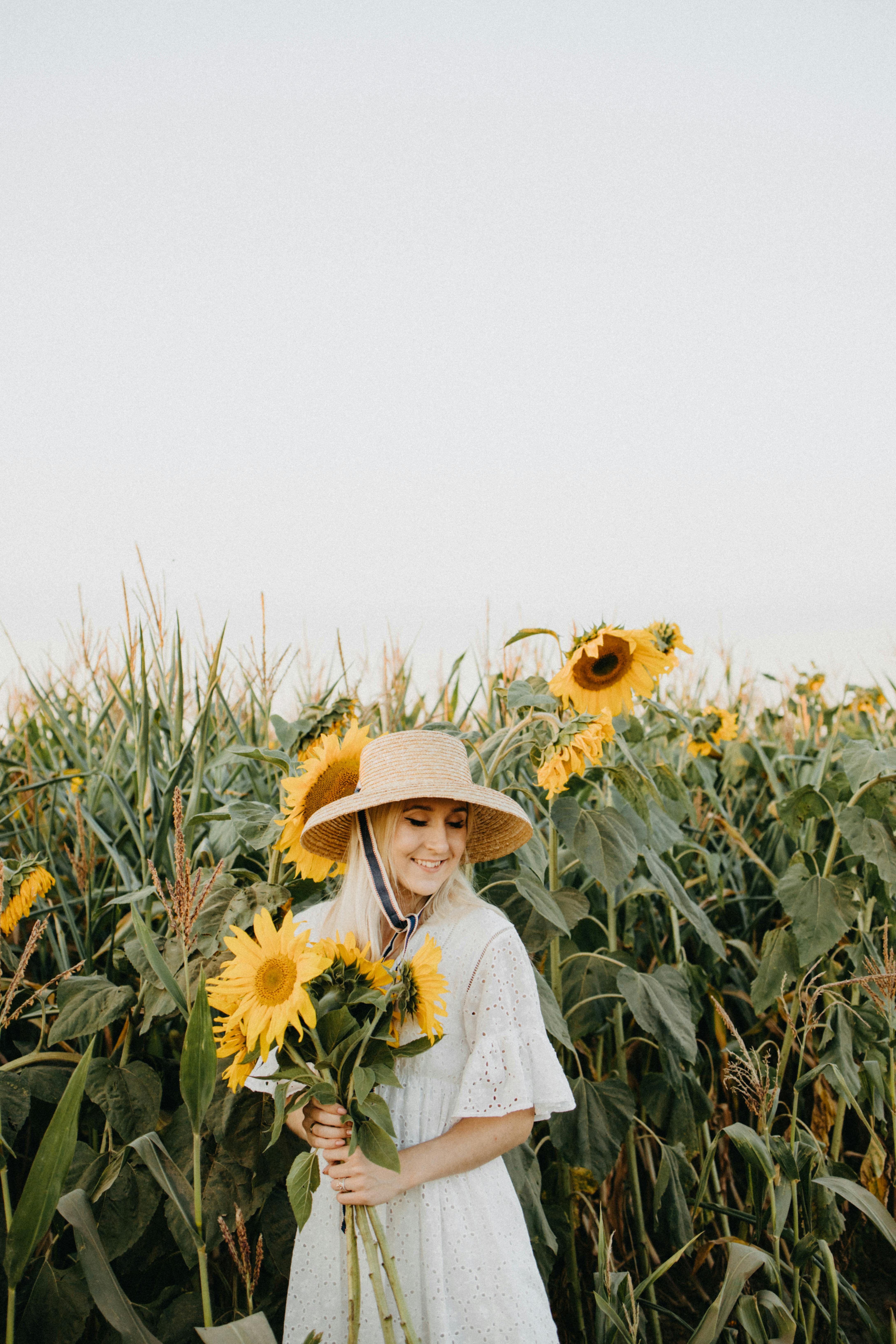 夏天，一个戴着草帽的女人站在郁郁葱葱的田野上时拿着向日葵
