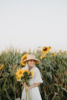 夏天，一个戴着草帽的女人手拿向日葵，站在郁郁葱葱的田野上